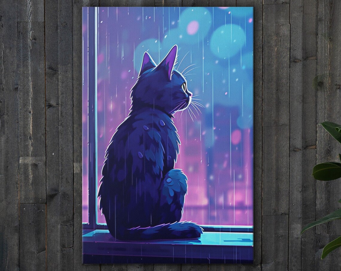 Lofi Black Cat Window Painting Rainy Night Neon Purple Cozy Art Print - Image 3