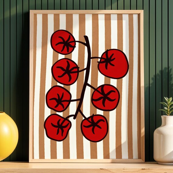 Cherry Tomato Vine Striped Background Retro Kitchen Decor Poster