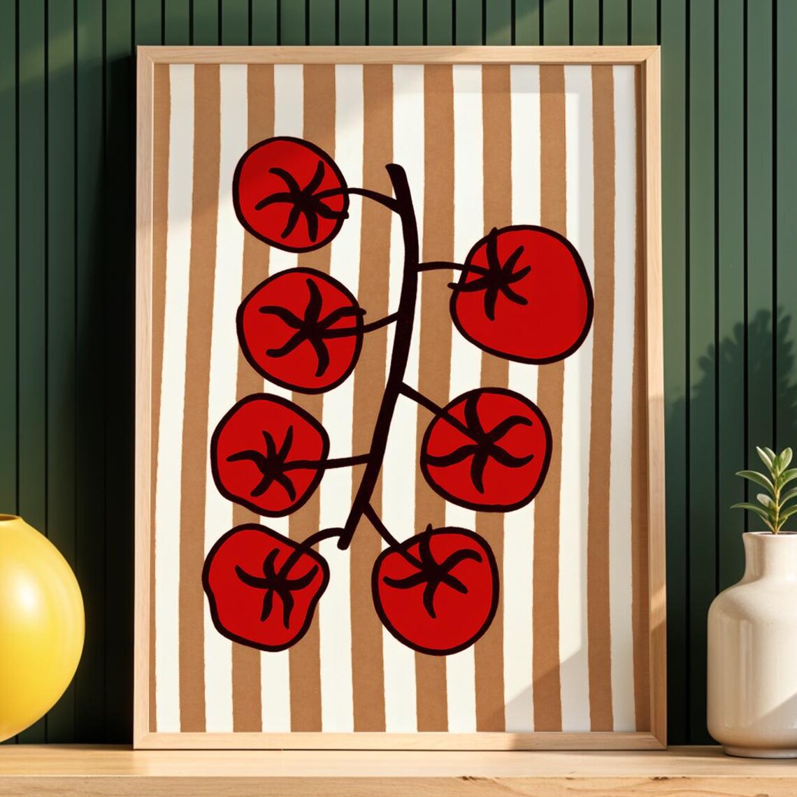 Cherry Tomato Vine Striped Background Retro Kitchen Decor Poster