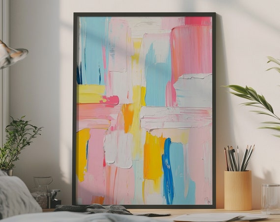 Abstract Pastel Preppy Print Dorm Room Wall Art Acrylic Painting Trendy Teen Girl Decor Colorful Girly Modern Poster