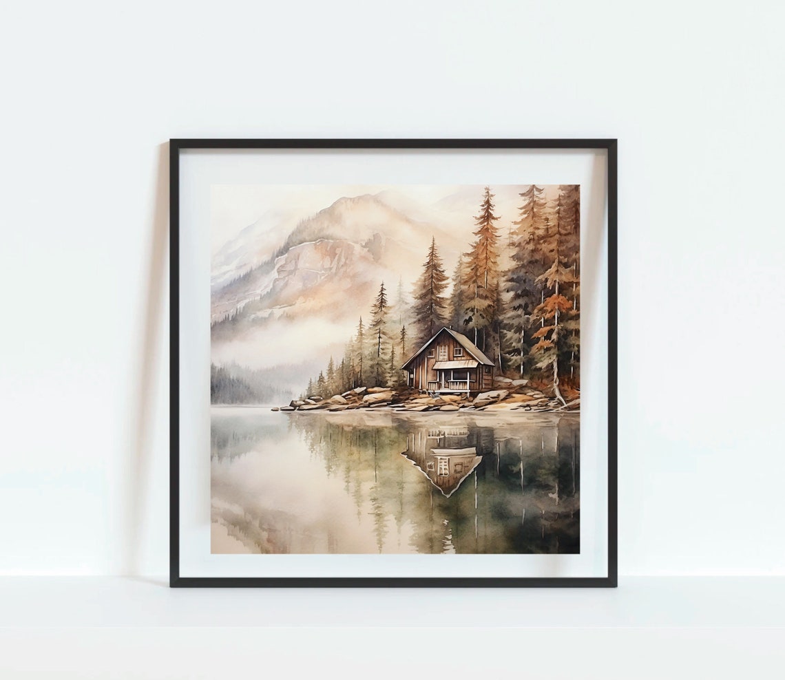 Lakeside Cabin Reflection Pine Trees Still Water Watercolor Poster - Image 5