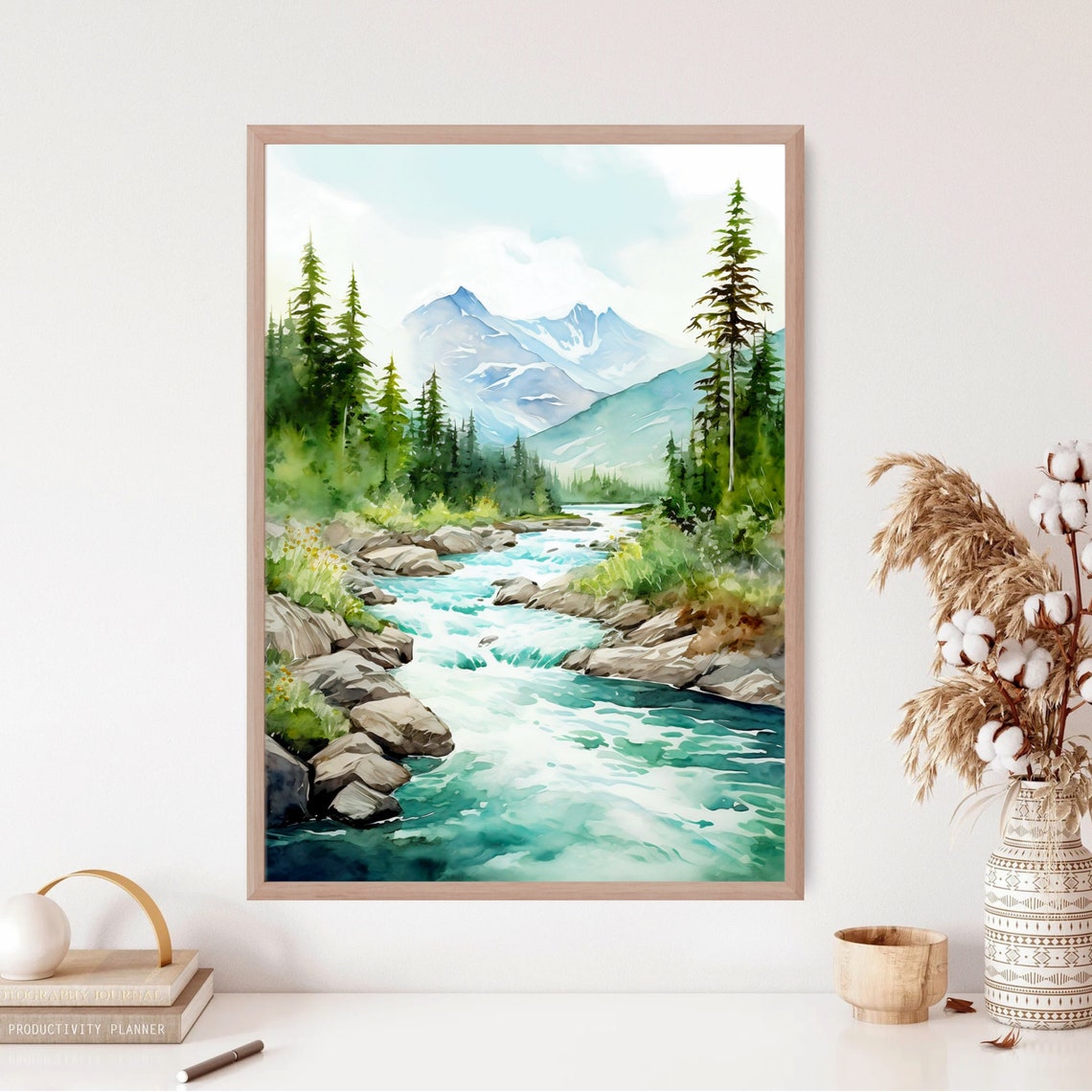 Mountain Stream Rapids Tall Pine Forest Watercolor Nature Poster - Image 2