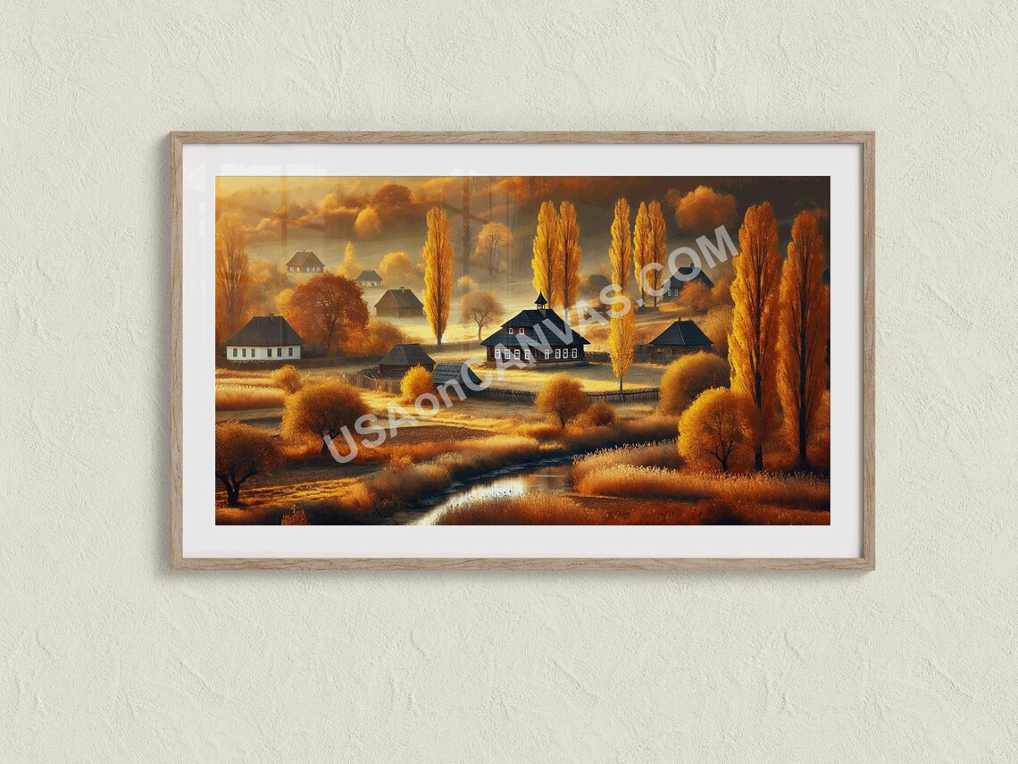 Golden Autumn Countryside Village Riverside Scene Art Poster