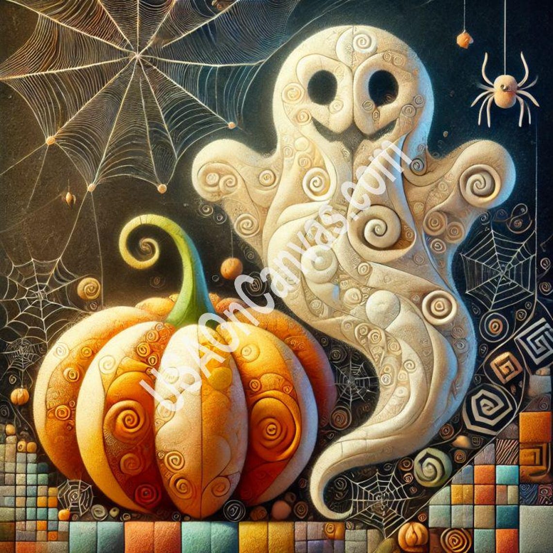 Whimsical Swirl-Textured Ghost Beside a Decorative Pumpkin Poster