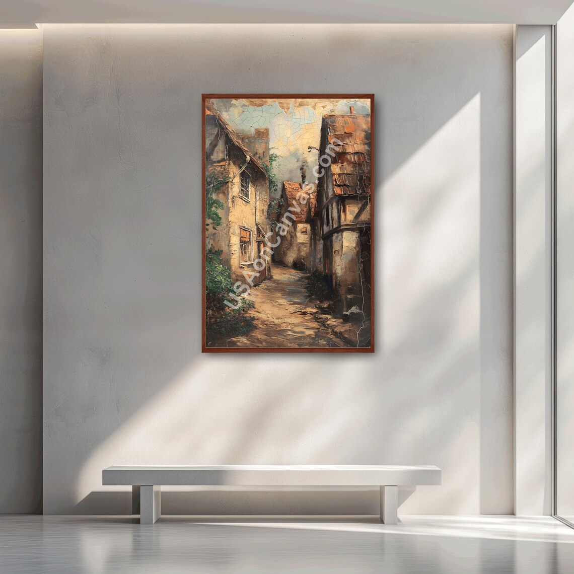 Old European Cobblestone Alley with Stone Houses Vintage Oil Poster
