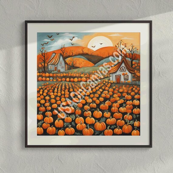 Moonlit Pumpkin Patch Cottages With Bats Halloween Night Poster