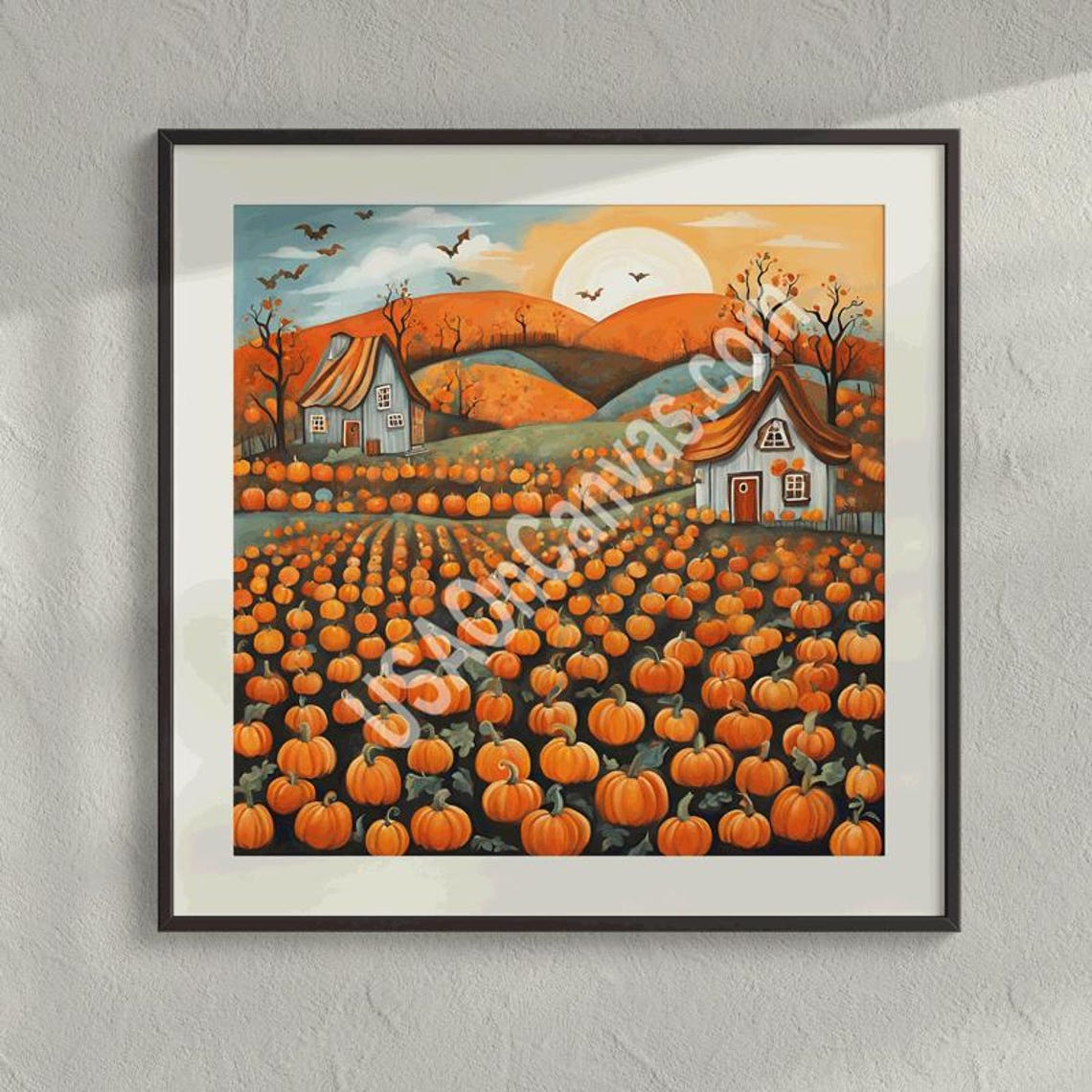 Moonlit Pumpkin Patch Cottages With Bats Halloween Night Poster