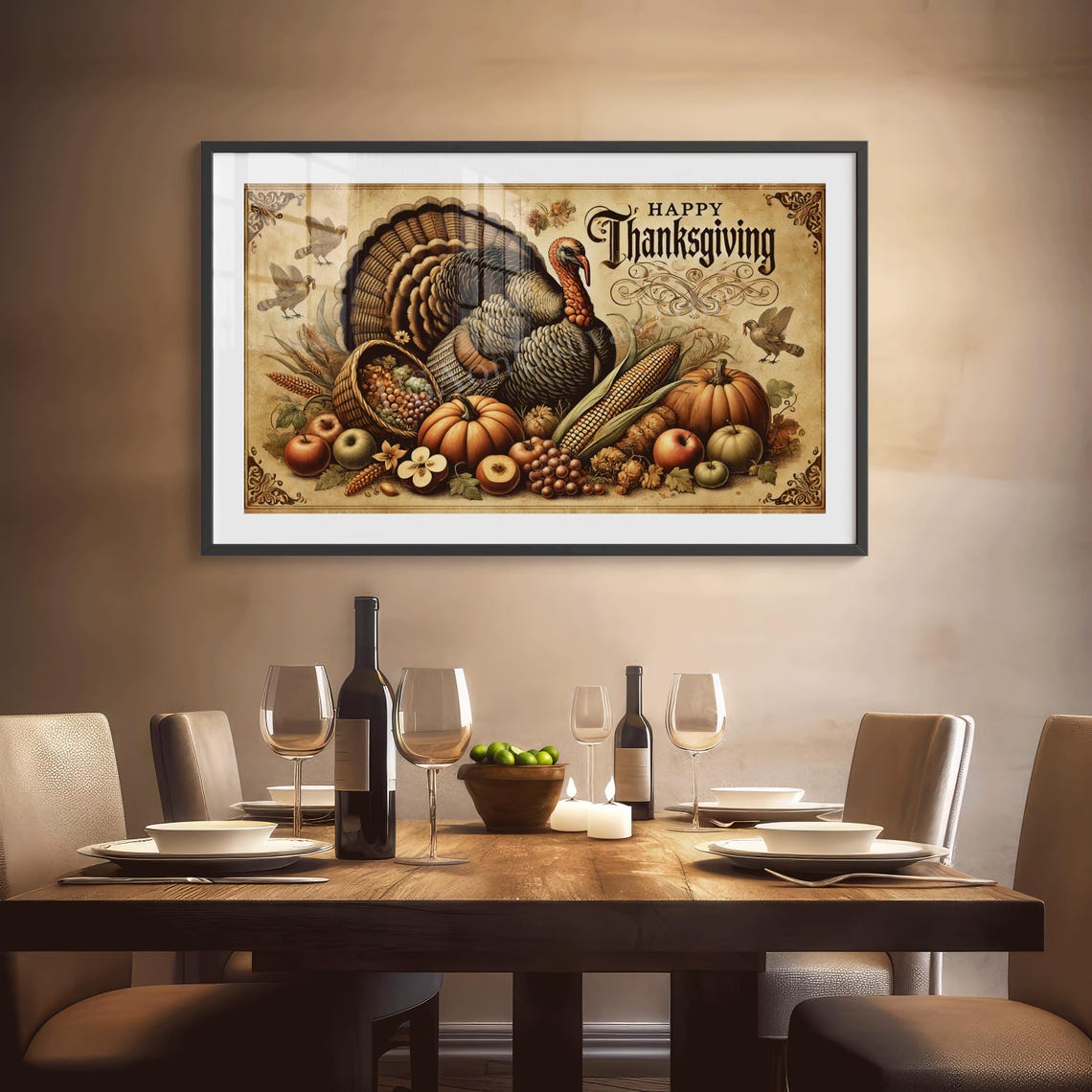 Happy Thanksgiving Vintage Turkey with Cornucopia and Harvest Poster