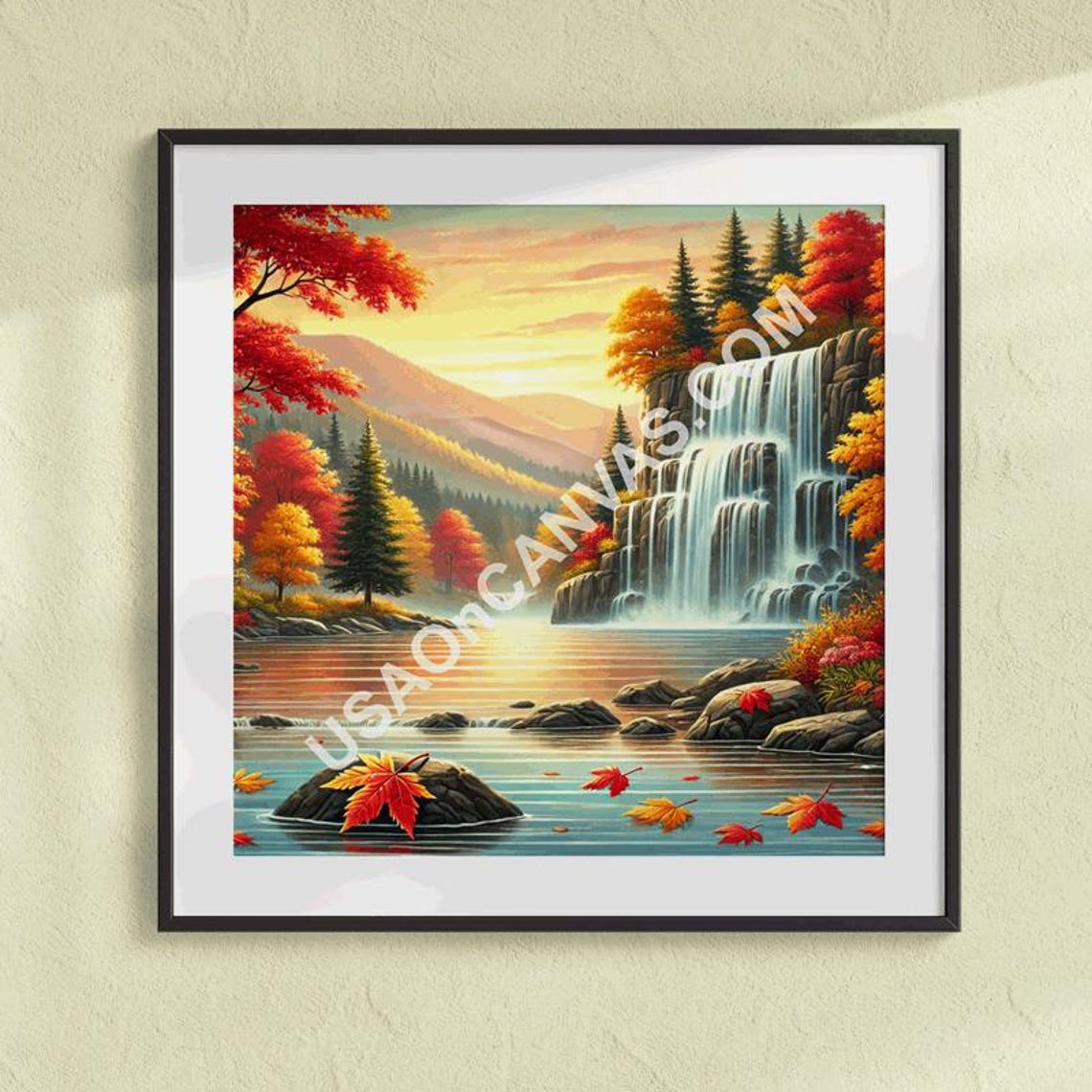 Autumn Waterfall with Red Maples at Golden Sunset Landscape Poster