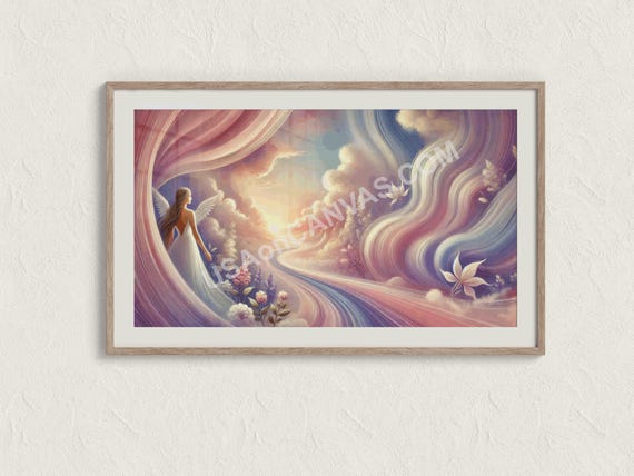 Angel In Dreamy Pastel Landscape Wall Art Serene Abstract Fantasy Scene With Flowing Colors And Soft Clouds Spiritual Home Decor