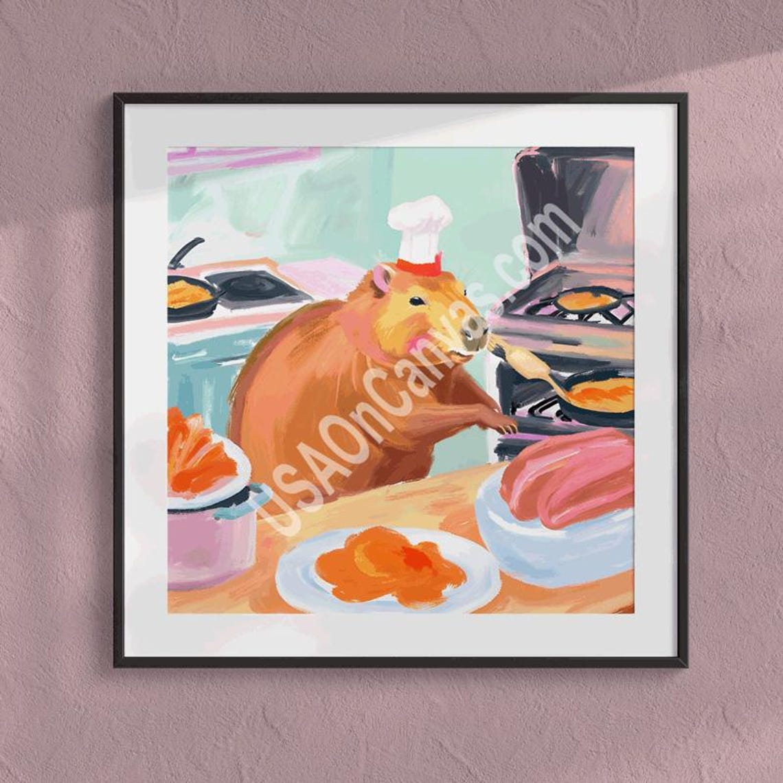 Funny Capybara Chef Cooking In A Bright Colorful Kitchen Poster