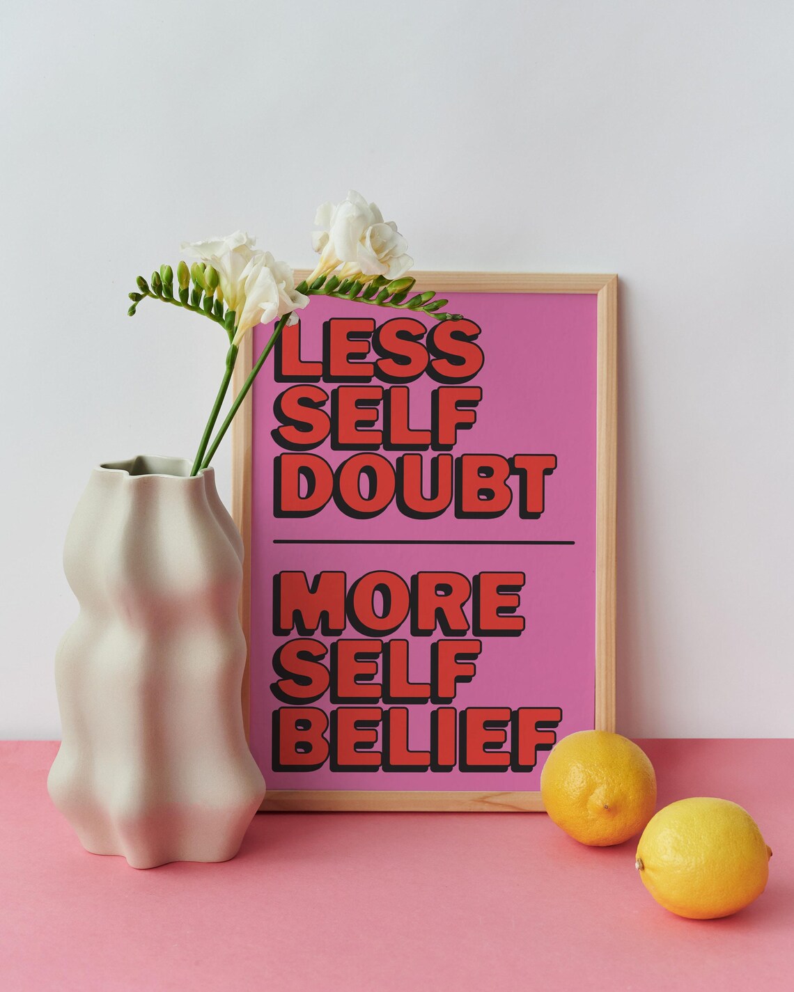 Less Self Doubt More Self Belief Pink Red Retro Quote Poster - Image 2