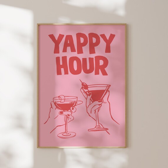Yappy Hour Pink Cocktail Poster with Cheers Toast Retro Bar Decor