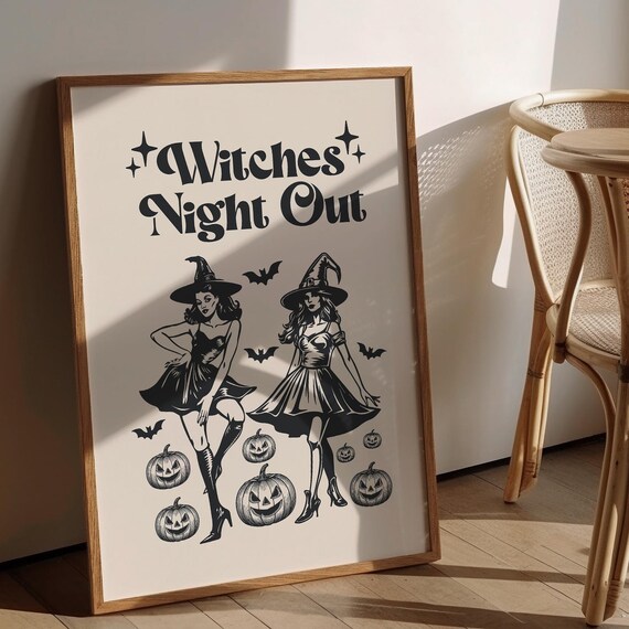 Witches Night Out Retro Pinup Halloween Pumpkins Bats Party Poster