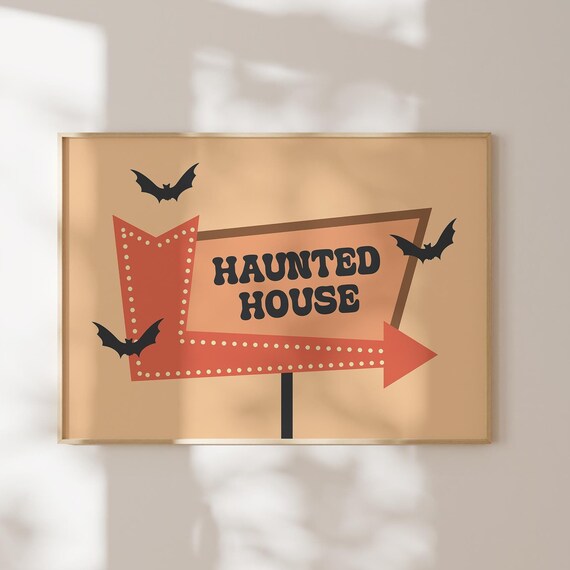 Haunted House Retro Marquee Arrow Sign Bats Halloween Wall Poster