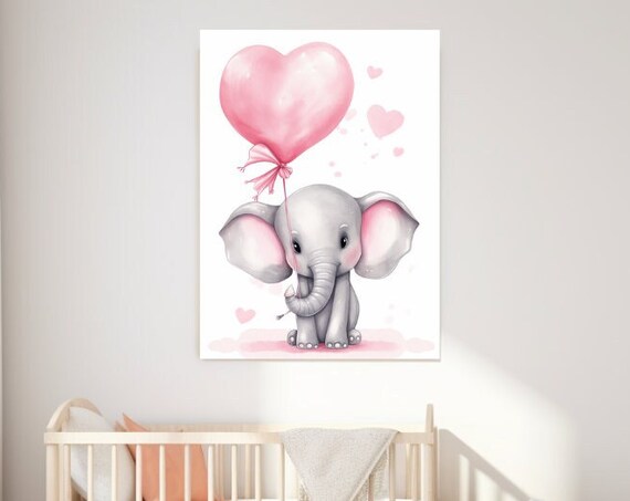 Cute Baby Elephant With Pink Heart Balloon Nursery Art Poster