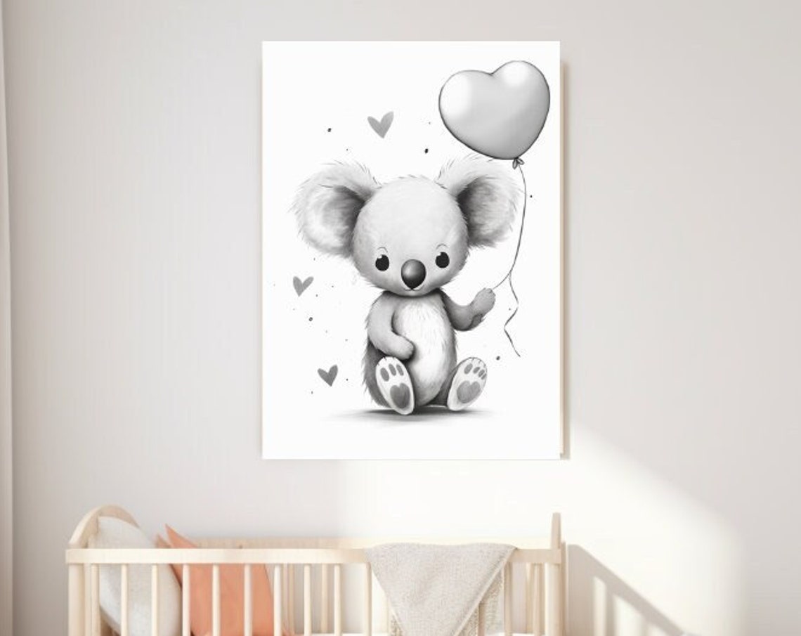 Cute Baby Koala With Heart Balloon Black And White Nursery Poster