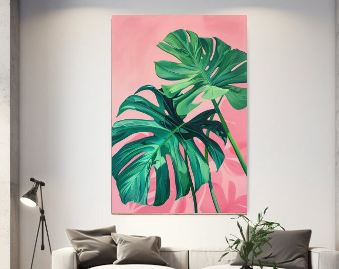 Monstera Leaves Pink Background Tall Vertical Tropical Wall Art