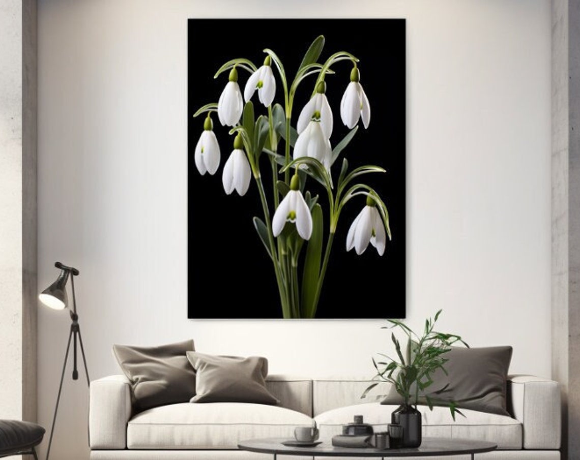 White Snowdrop Flowers on Black Background Delicate Spring Print