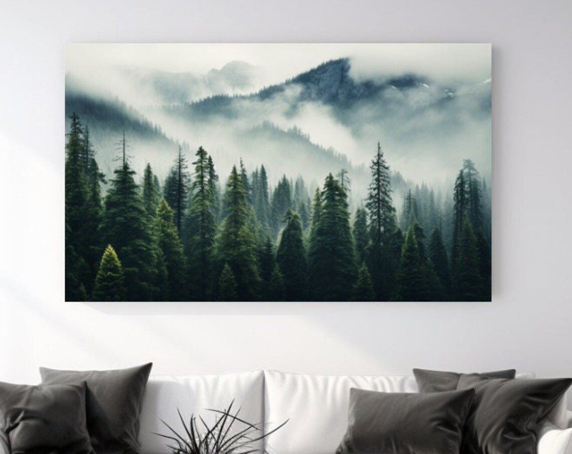 Misty Foggy Pine Forest Mountain Landscape Serene Green Nature Poster