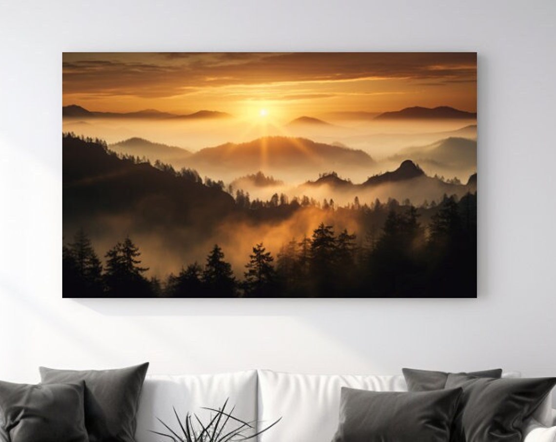 Golden Sunrise Over Misty Pine Mountains Foggy Forest Valley Poster