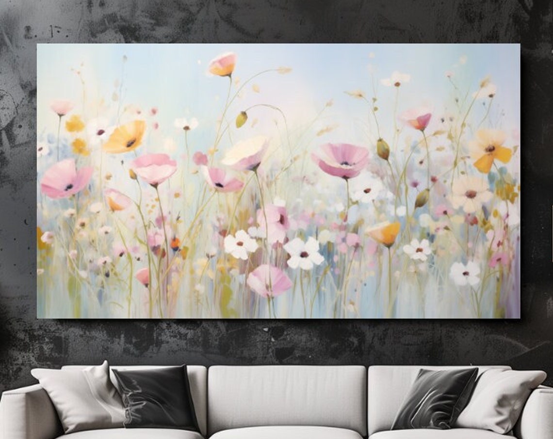 Pastel Wildflower Field Watercolor Print With Soft Pink Blooms