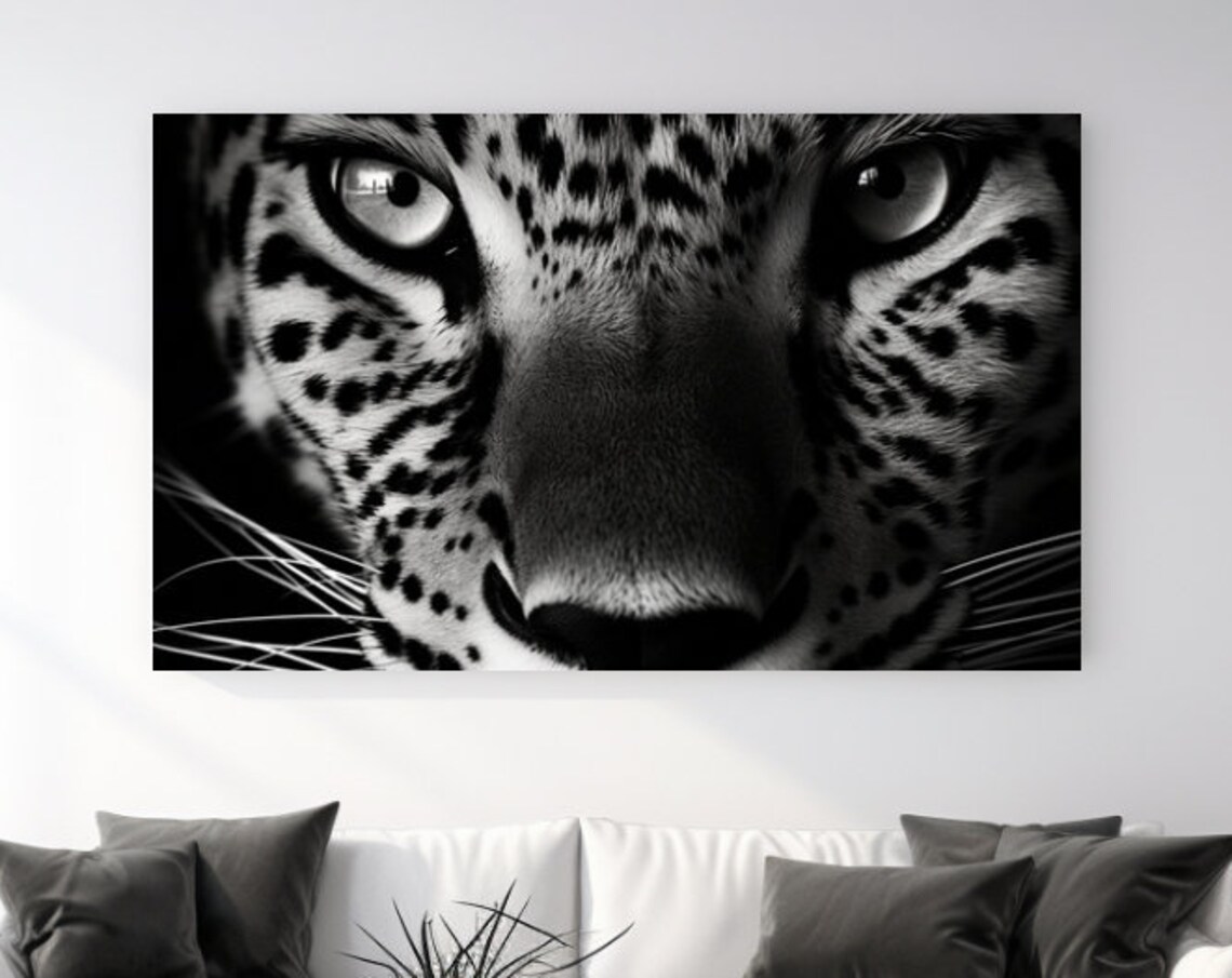Leopard Face Black White Closeup Wild Cat Eyes Wildlife Art Poster