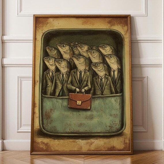 Sardines in Suits Vintage Tin Fish Office Art Quirky Business Animal Poster