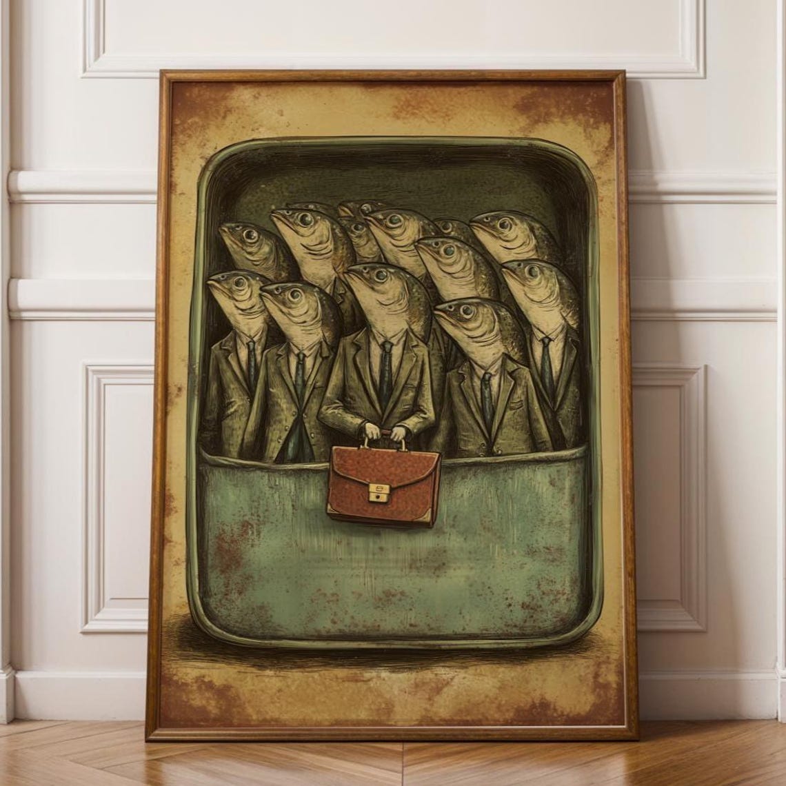 Funny Sardine Painting Retro Surrealism Wall Print Dark Humor Decor Vintage Art
