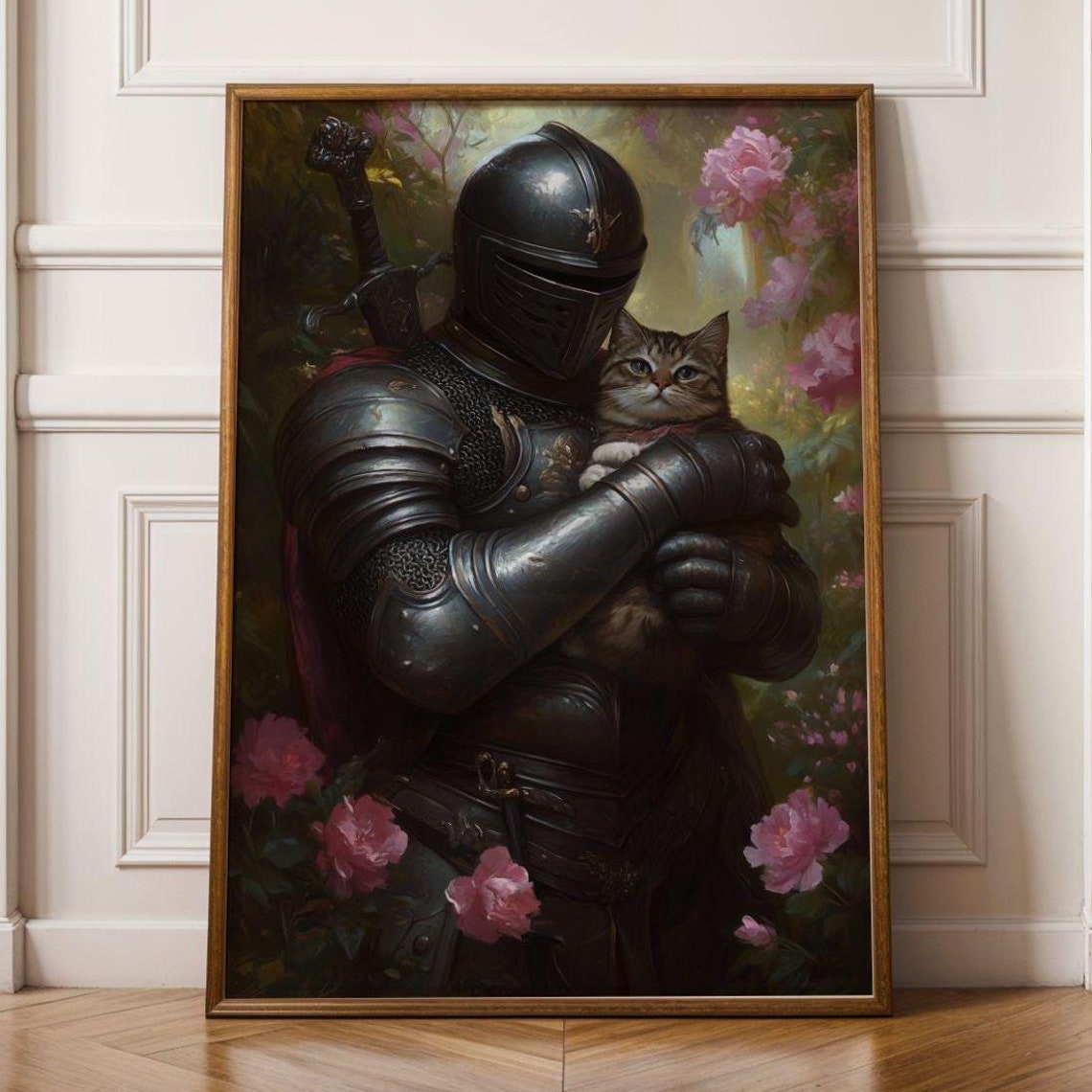 Medieval Knight And Tabby Cat Painting Fantasy Art Whimsical Decor Maximalist Floral