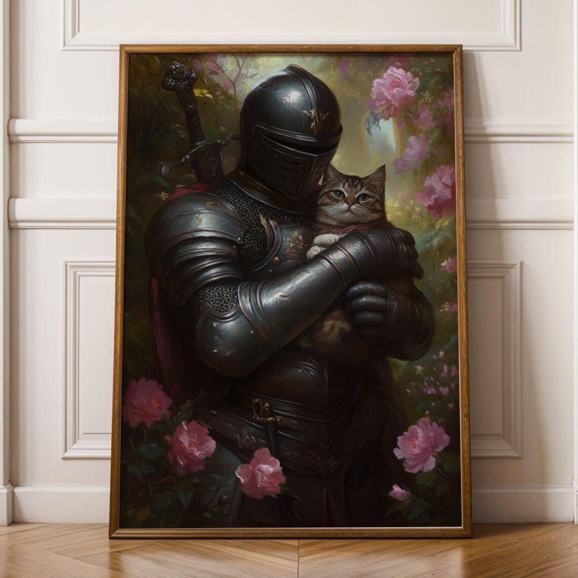Medieval Knight Holding Tabby Cat Painting Fantasy Floral Art Poster