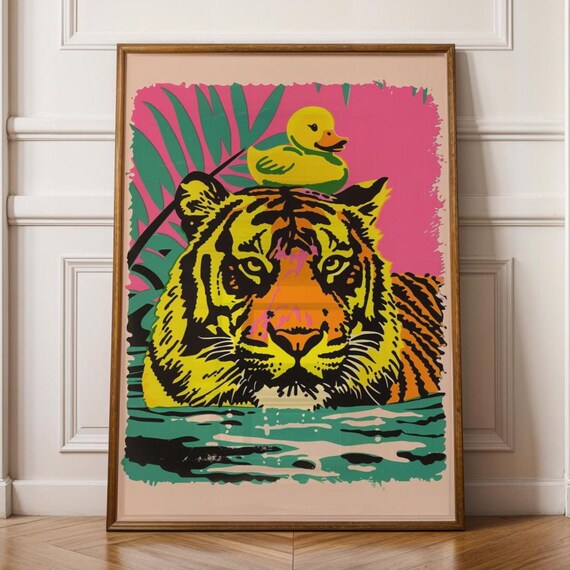 Pop Art Tiger Wall With Yellow Duck Fun Modern Quirky Decor Poster