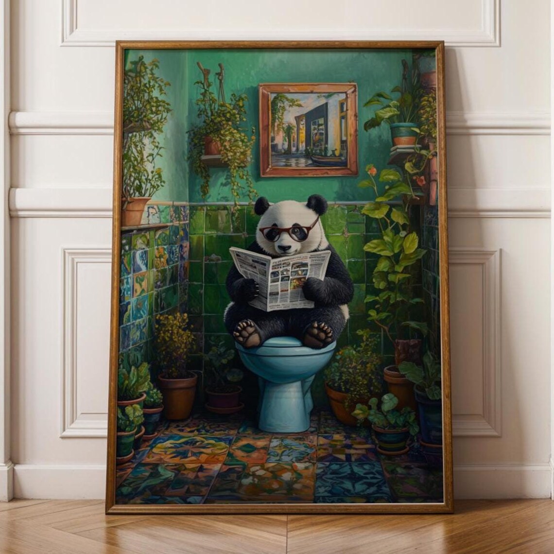 Funny Panda Bathroom Art Print, Quirky Green Decor