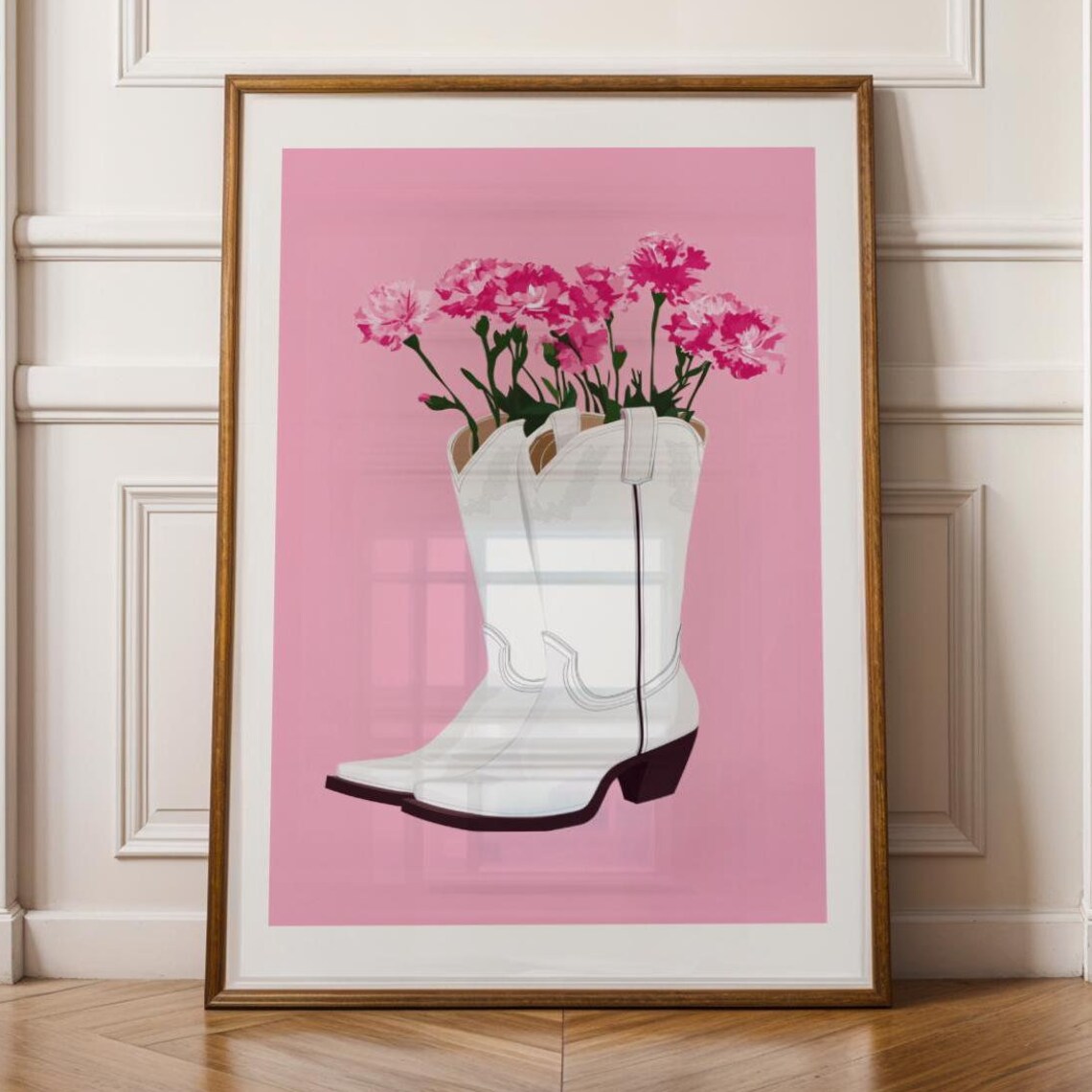White Cowboy Boots with Pink Carnations Western Floral Art Poster