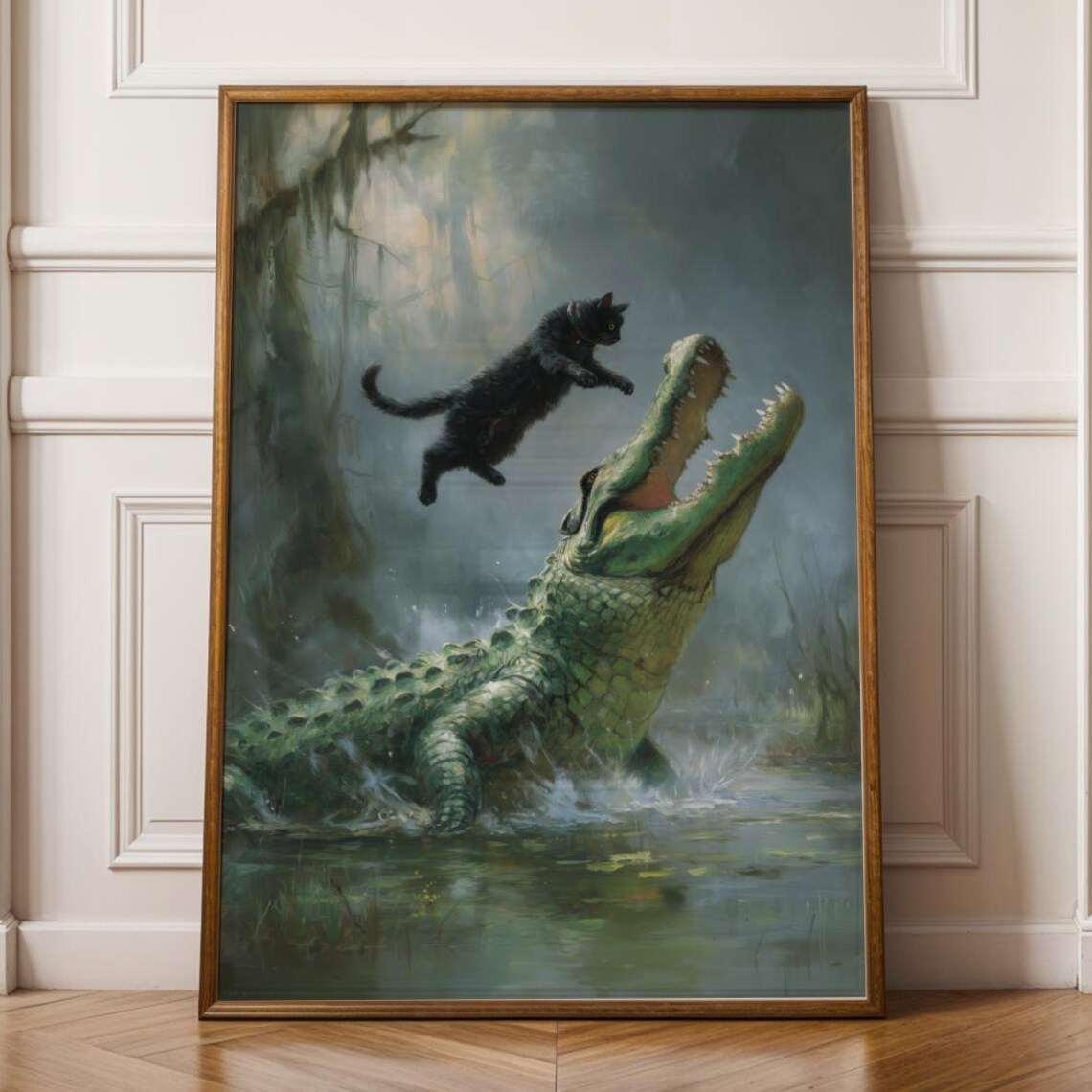 Fearless Cat Vs Alligator Fantasy Wildlife Art Print