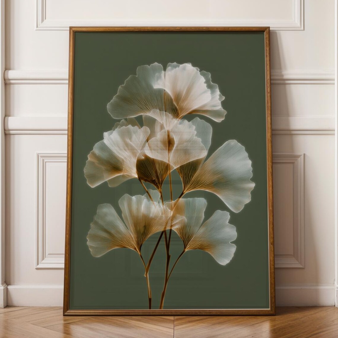X Ray Ginkgo Leaf Botanical Radiograph Green Beige Art Poster