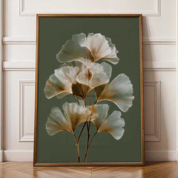 X Ray Ginkgo Leaf Wall Art Botanical Green Beige Radiograph Print Modern Minimal Nature Decor Elegant Natural Minimalist Floral
