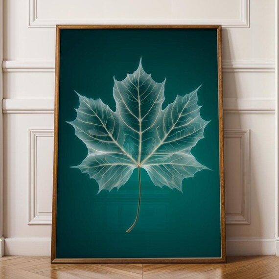 Xray Maple Leaf Wall Art Print Botanical Minimalist Nature Decor Modern Poster Teal Lover