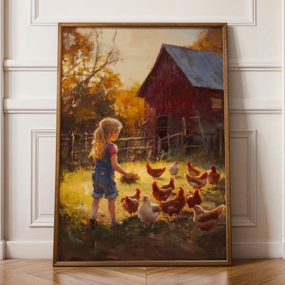 Rustic Farmhouse Wall Art Nostalgic Farm Print Little Girl Painting Vintage Decor Girly Country