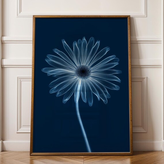 Xray Daisy Flower Wall Art Print Minimal Blue Botanical Poster Minimalist Decor Modern