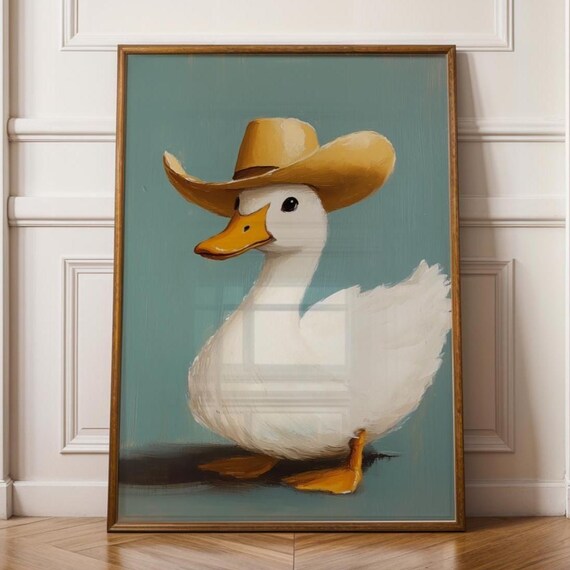 Cowboy Goose Poster Teal Background Western Duck Nursery Art