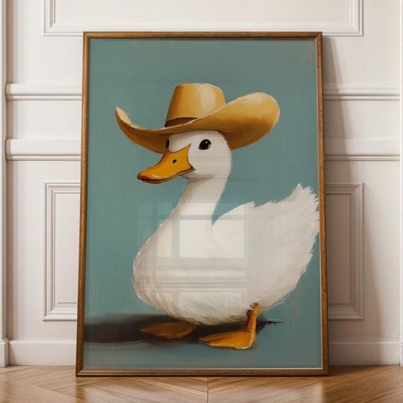 Silly Cowboy Goose Print Pink Western Nursery Art Charming Duck Hat Vintage Retro Poster