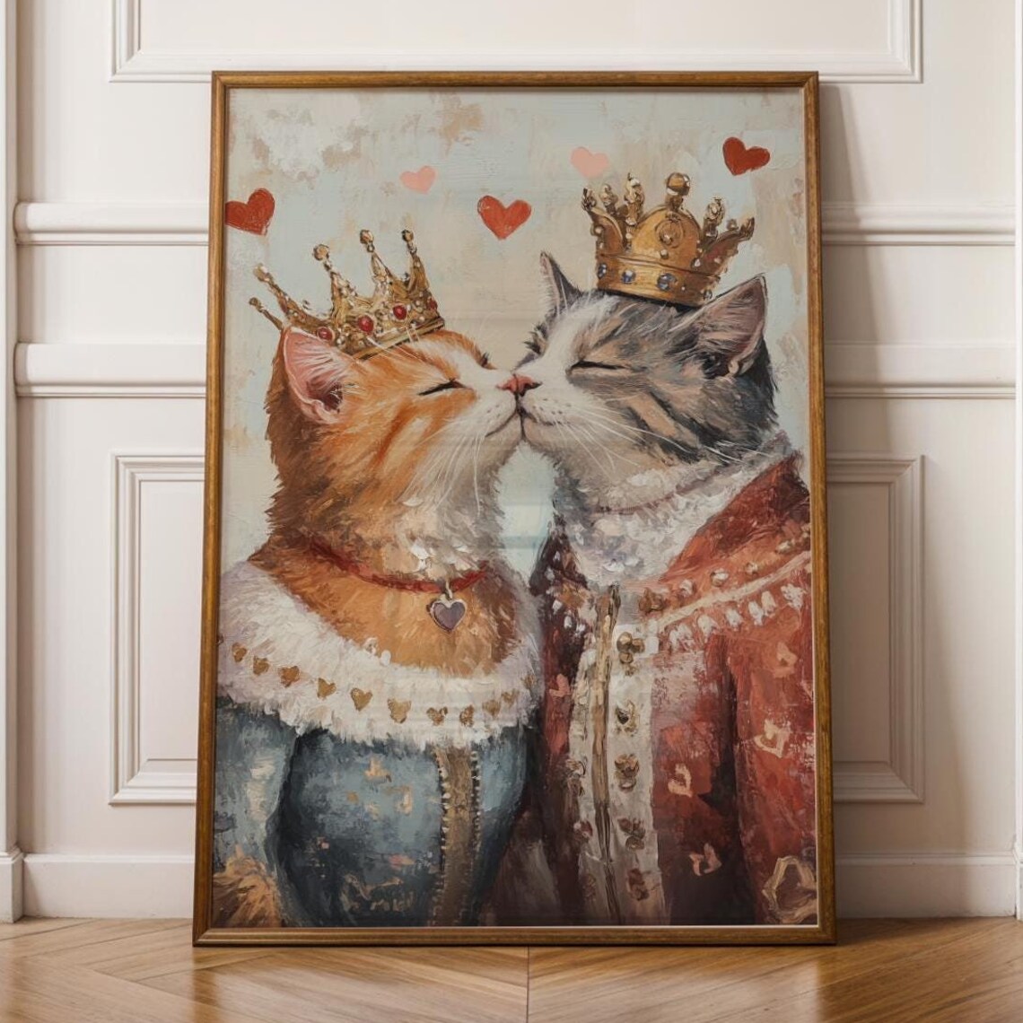Royal Cat Couple Kissing Crowns Hearts Orange Gray Cats Poster
