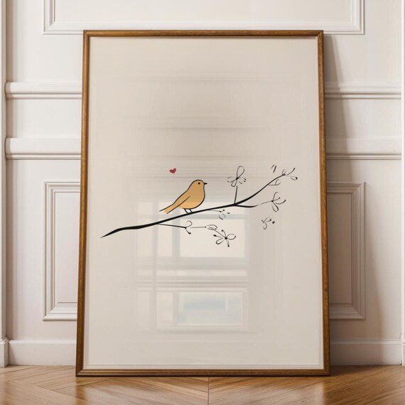 Minimalist Bird Wall Art Scandinavian Yellow Line Soft Decor Print Delicate Poster