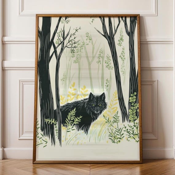 Mystical Black Wolf Wall Art Rustic Painting Forest Animal Print For Nature Lovers Wildlife Poster