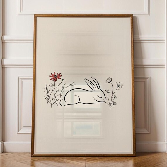 Sleeping Bunny Line Art Poster Minimalist Rabbit Wildflower Wall Decor