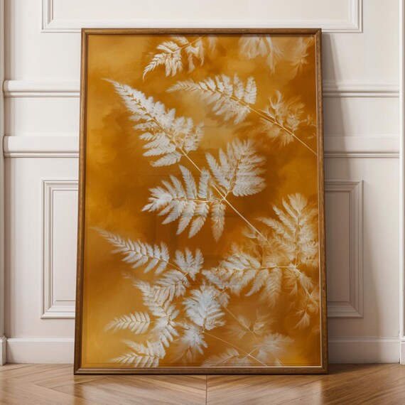 X Ray Botanical Fern Print On Gold Background Modern Leaf Wall Art For Boho Living Room Decor Minimalist Nature