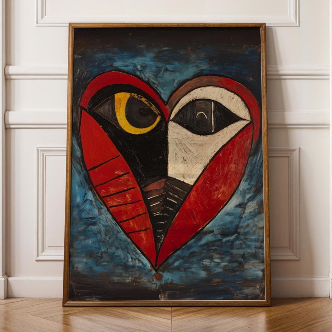 Cubist Heart with Big Eyes Red Black Picasso Style Modern Art Poster