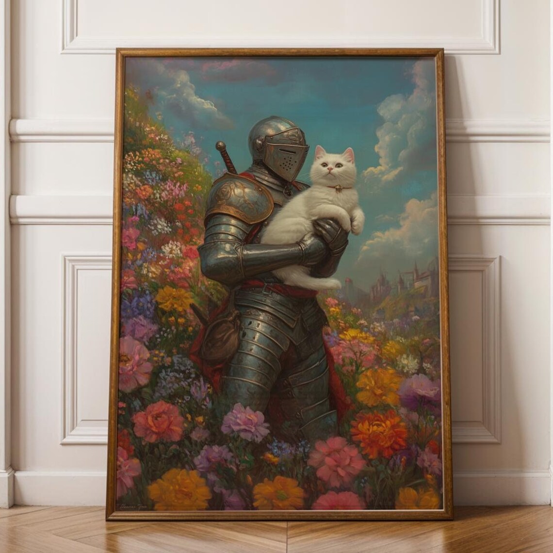Medieval Knight And Cat Art Whimsical Fantasy Wall Print Romantic Renaissance Decor Antasy Poster