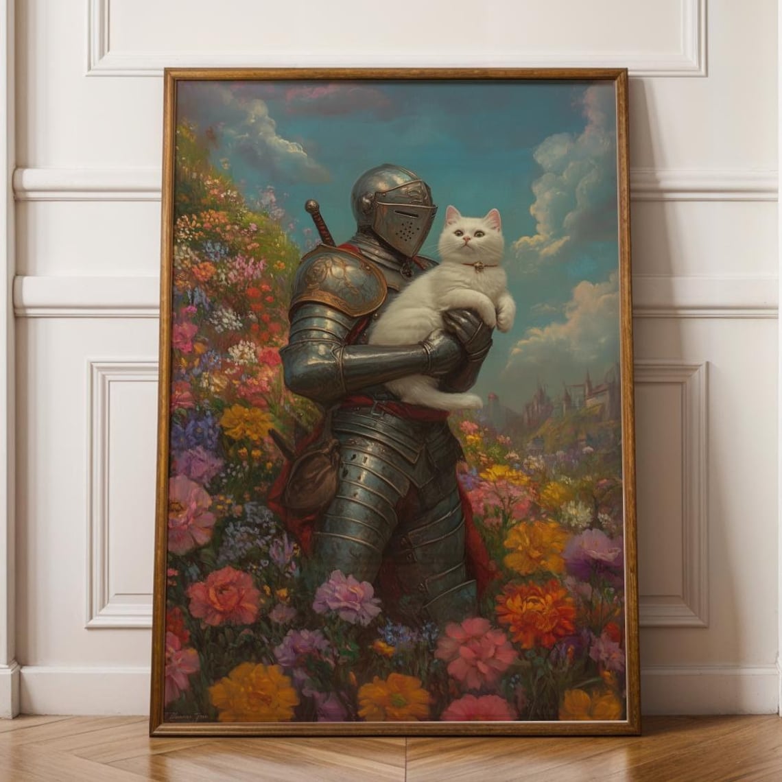 Medieval Knight Holding White Cat Poster Whimsical Fantasy Flower Art